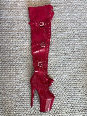 Pleaser Boots Flamingo 3028 - Red Patent Thigh-High Platform Stiletto Boots